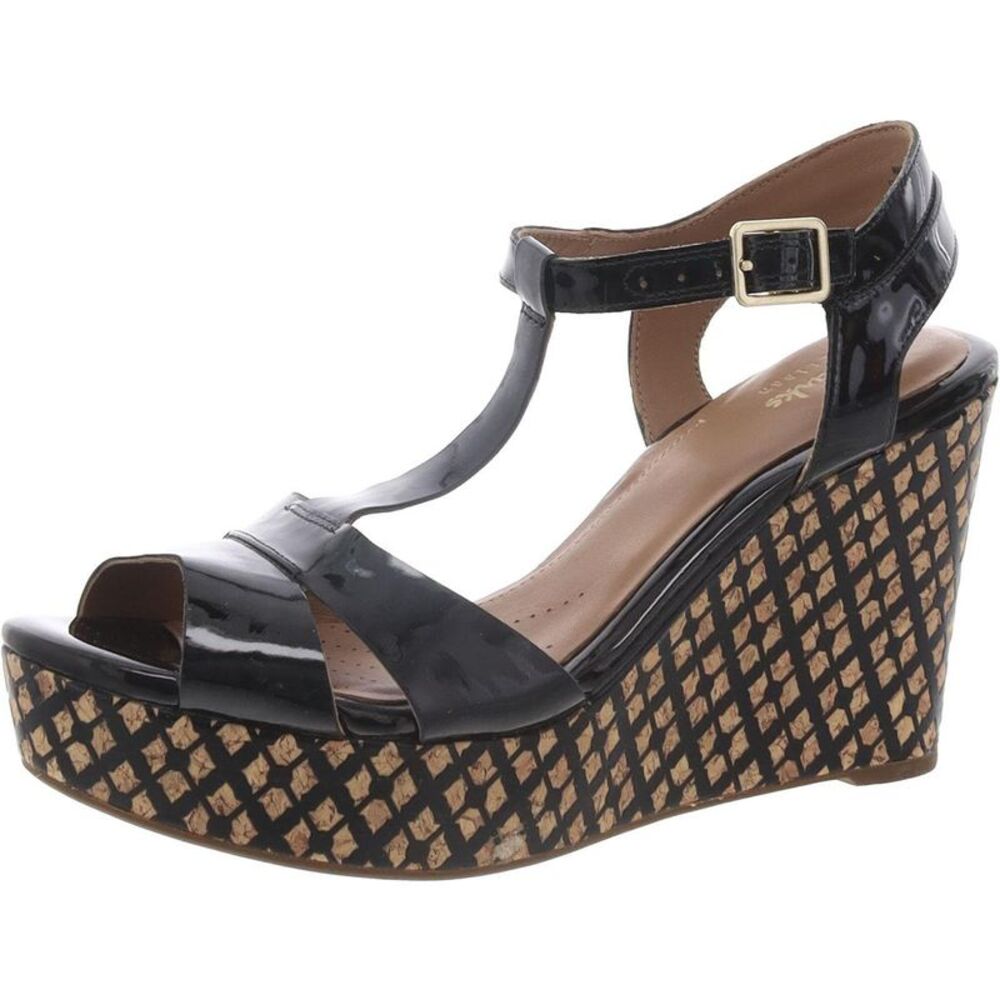 Clarks Glossy Black Wedge Sandals